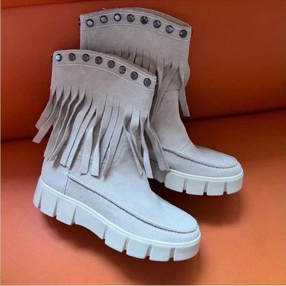 New! GEOX Ghoula Fringe Studded Suede Platform Booties in Taupe - Picture 9 of 13